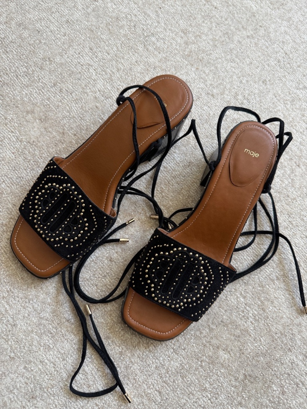 Maje Gold Studded Ankle Tie Sandals with Block Heel